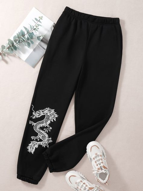 Black    Polyester Animal   Slight Stretch Fall/Winter Women Bottoms Dragon Sweatpants, Codm Wallpapers, Graphic Sweatpants, Women Sweatpants, Dragon Graphic, Women Bottoms, Streetwear Men, Dragon Print, Chinese Dragon