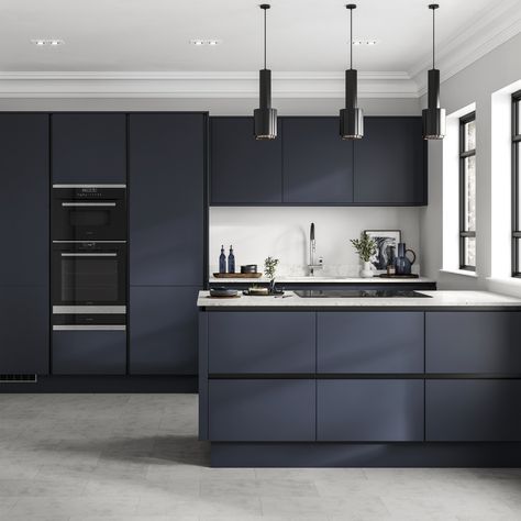 Double up on style points with the chic, navy shade and super-matt finish of our new Hockley Super Matt Navy Handleless kitchen cabinets. With a minimal slab style, these navy kitchen cabinet doors let the sophisticated navy shade remain the focus in a modern kitchen design – great for those wanting to create a dark kitchen look. Handleless Kitchen Cabinets, Navy Kitchen Cabinets, Navy Kitchen, Open Plan Kitchen Dining Living, Handleless Kitchen, Open Plan Kitchen Dining, Kitchen Dining Living, Kitchen Cabinet Doors, Kitchen Room Design