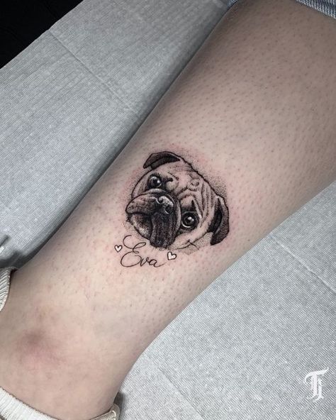 Seeking a tattoo that speaks to your passion for animals? Explore pet-themed designs for your next ink. #AnimalLover #PetTattoo Pug Portrait Tattoo, Shihtzu Tattoos, Jax Tattoo, Lucy Tattoo, Tattoo Mujer, Pet Memorial Tattoo, Pet Tattoos, Pug Tattoo, Pawprint Tattoo