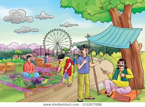 Cartoon Village, Village Illustration, Village Scenery, Art Competition Ideas, Character Outline, Village Market, House Cartoon, Book Crafts Diy, Scene Drawing