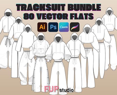 Tracksuit Vector Mockup Bundle by FUP Studio 40 Vector Garments, Front & Back, 80 Fashion Flats to edit in Adobe Illustrator, Procreate, Canva, Adobe Photoshop. Unleash your fashion vision with our Tracksuit Mockups & Fashion Cads Bundle! Perfect for designers using Procreate & Adobe Illustrator, this pack provides everything you need to bring your streetwear designs to life. Authentic, easy-to-use templates let you effortlessly turn your ideas into professional tech packs. Elevate your design g Tech Pack Template, Apparel Design Inspiration, Design Tech, Fashion Vector, 80 Fashion, Hoodie Mockup, Tech Pack, Bundle Pack, Clothing Mockup