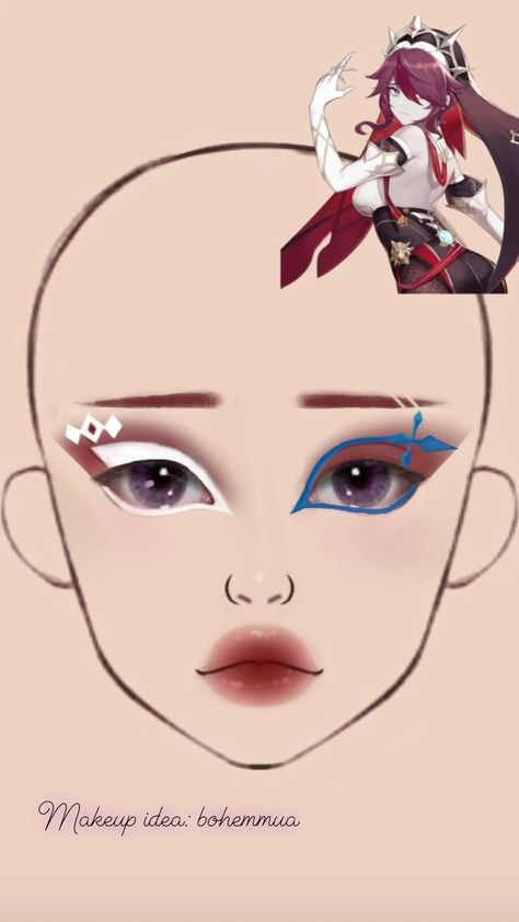 Genshin Inspired Makeup, Genshin Impact Makeup, Anime Makeup Looks, Anime Inspired Makeup, Makeup Drawings, Makeup Pattern, Makeup Layout, Cosmetic Photography, Anime Eye Makeup