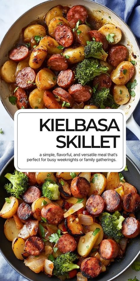 Kielbasa Skillet Dinner Ingredients: 1 (14 ounce) package kielbasa, sliced 3 medium potatoes, cubed 1 medium onion, chopped 1 green bell pepper, chopped 1 red bell pepper, chopped 1 tablespoon olive oil 1 clove garlic, minced Salt and pepper to taste #Kielbasa #Skillet #Dinner Easy Tasty Dinners, Recipes With Kielbasa, Kielbasa Potatoes, Kielbasa Rice And Broccoli, Kielbasa Skillet, Kielbasa Rice, Cheesy Kielbasa, Kielbasa And Potatoes, Veggie Skillet