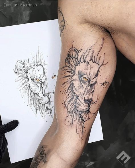 New School Tattoos, Lion Forearm Tattoos, Geometric Lion Tattoo, Inner Arm Tattoos, Inner Bicep Tattoo, Lion Tattoo Sleeves, Female Tattoos, Tattoo Trend, Leo Tattoos