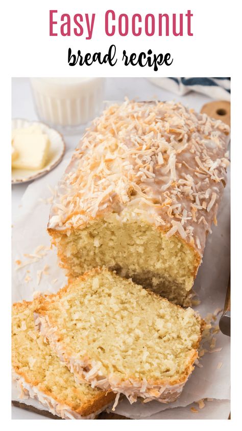 This easy coconut bread recipe is bursting with coconut flavor! This bread is made with coconut milk, sweetened coconut flakes, and topped with a coconut glaze and toasted, shredded coconut. Easy Coconut Bread Recipe, Coconut Recipes Easy, Coconut Milk Recipes Dessert, Coconut Flakes Recipe, Coconut Quick Bread, Coconut Glaze, Coconut Bread Recipe, Coconut Banana Bread, Milk Bread Recipe