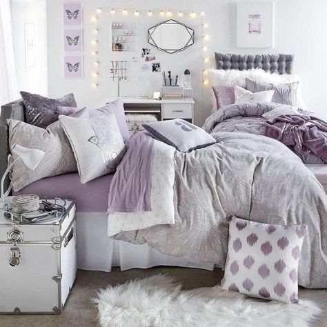 Dorm Tips, Purple Dorm Rooms, Queen Bedding, Girl Bedrooms, College Dorm Room Decor, Dorm Room Inspiration, Dekorasi Kamar Tidur, Teen Bedroom Decor