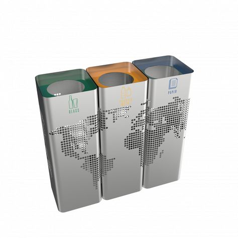 Office Recycling Bins, Stainless Steel Art, Recycling Station, Litter Bin, Recycle Trash, Trash Bins, Street Furniture, Wayfinding Signage, Recycling Bins