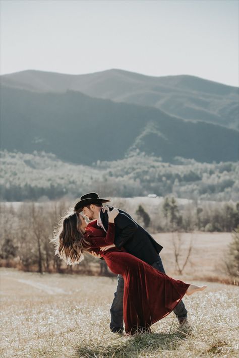 Cowboy Engagement photos. Yellowstone inspired engagement photos. Cowboy engagement pictures. Engagement photos in the Smoky Mountains. Smoky Mountains Photos. Red dress engagement session. Formal red dress. Gatlinburg photographer. Smoky Mountain photographer. Smoky Mountain Engagement Photos, What To Wear Engagement Photos, Formal Family Photoshoot Outdoor, What To Wear For Fall Engagement Photos, Cowboy Engagement Pictures, October Engagement Pictures, Couple Mountain Pictures, Cowboy Engagement Photos, Md Photoshoot