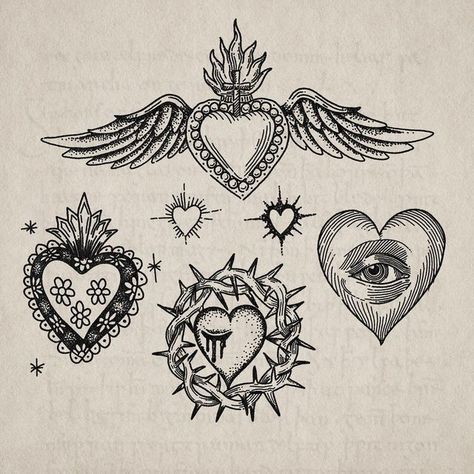 Heart Tattoo Vintage, Italian Heart Tattoo, Witchy Heart Tattoo, Sacred Heart Stomach Tattoo, Eye In Heart Tattoo, Mexican Heritage Tattoos, Corazon Tattoo, Sacred Heart Tattoo, Pair Tattoos