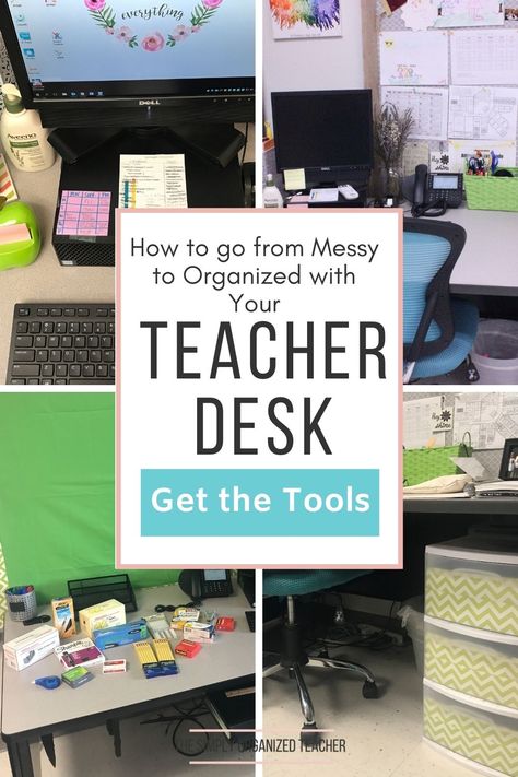 High School Teacher Desk Ideas, Teacher Aide Desk Ideas, Teacher Area Organization, Classroom Teacher Desk Ideas, Classroom Paper Organization, Middle School Teacher Organization, Teacher Desk Ideas, Teacher Desk Area Classroom Setup, Teacher Desk Decorations