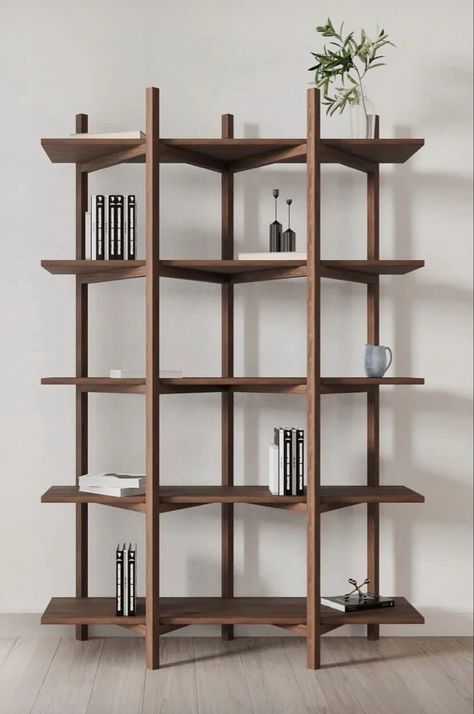 Wood Bookshelf Aesthetic, Wooden Bookshelf Aesthetic, Scandinavian Library, Wood And Metal Library, Bauhaus Shelves, Bookshelf Wooden Simple, Japanese Style Bookshelf, Brutalist Bookshelf, Dark Wood Bedroom Furniture