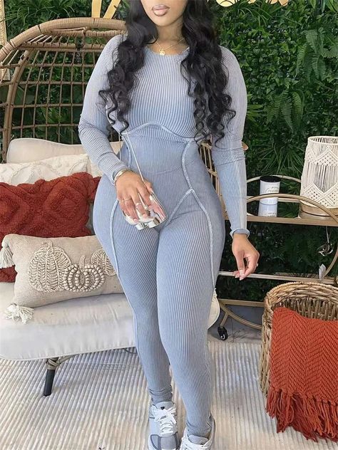 Smarter Shopping, Better Living! Aliexpress.com Ribbed Jumpsuit Outfit, Grey Jumpsuit Outfit, Ribbed Jumpsuit, Womens Clothing Patterns, Two Piece Pants Set, Jumpsuit Outfit, Jumpsuit Pattern, Knit Jumpsuit, Ribbed Knit Dress