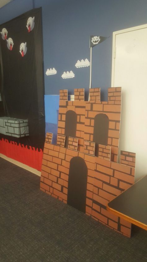 Super Mario Entrance, Life Size Mario Game, Diy Bowser Decorations, Super Mario Brothers Classroom Theme, Mario Hallway Theme, Mario Bros Office Decorations, Mario Photo Backdrop, Bowsers Castle Decoration, Mario School Decorations