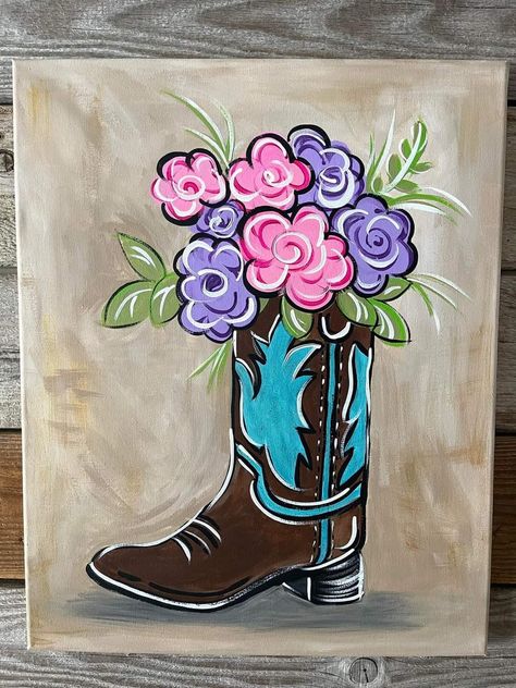 Cowboy Boot Painting On Canvas, Easy Western Painting Ideas On Canvas, Easy Painting Ideas On Canvas Western, Painting Ideas For Room Decor, Western Paintings Canvases, Western Painting Ideas On Canvas, Country Painting Ideas, Western Painting Ideas Easy, Western Painting Canvas