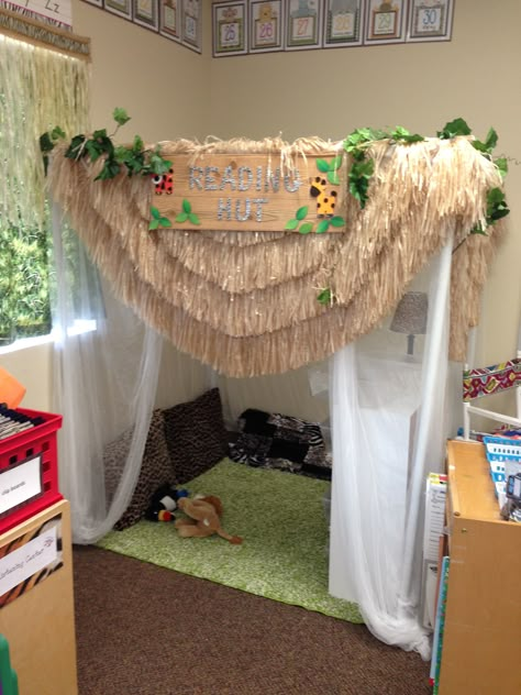 the reading hut in my safari classroom! Jungle Classroom Theme, Reading Hut, Jungle Theme Classroom Decorations, Rainforest Classroom, Safari Theme Classroom, Jungle Theme Rooms, Preschool Classroom Themes, Classroom Theme Ideas, Safari Classroom