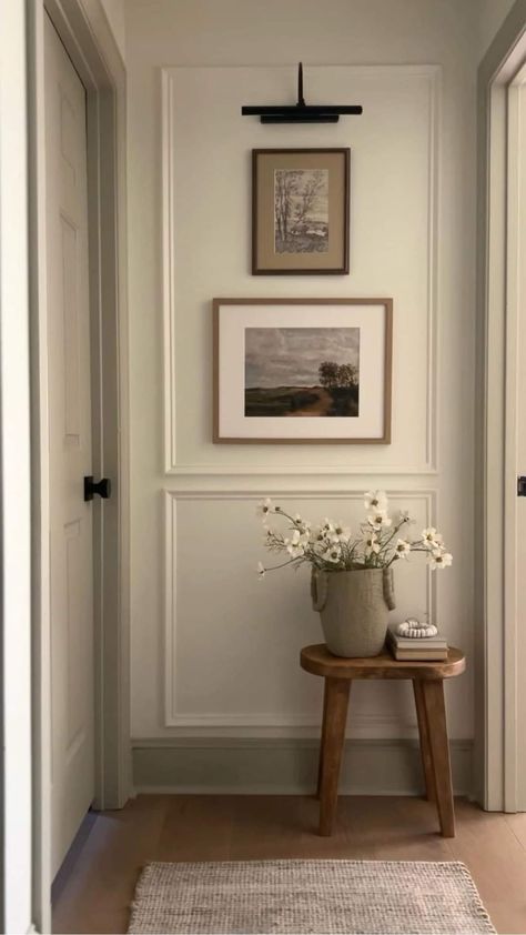 Hallways Wall Decor, Small Home Hallway Ideas, Upstairs Hallway Decorating Ideas, Hallway Wall Picture Ideas, Picture Frame Moulding Hallway, Front Hallway Decorating, Hallway Wall Trim Ideas, Entry Hallway Wall Ideas, Hallway Picture Molding