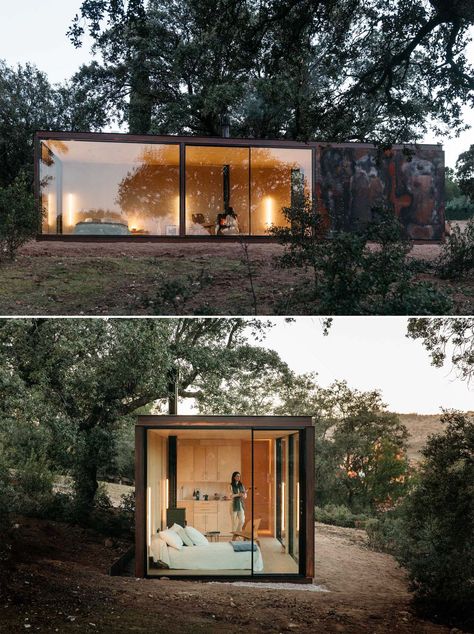 Steel Tiny House, Weathered Steel, Glass Cabin, Oak Flooring, Casa Container, Modern Tiny House, Prefabricated Houses, Tiny House Interior, Tiny House Cabin