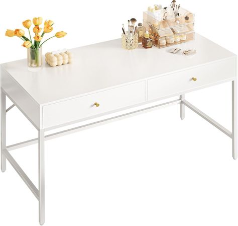 Amazon.com: SUPERJARE Vanity Desk with Drawers, 47 inch Computer Desk, Modern Simple Home Office Desks, Makeup Dressing Table for Bedroom - White : Home & Kitchen White Desk With Gold Accents, Small White Vanity Bedroom, White Desk Office Decor, Long White Desk, Desk For Room, Simple Desks, Condo Room, White Lacquer Desk, Amazon Desk