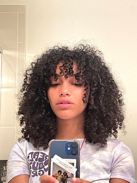 Curtain Bangs Curly Hair Black Women, Bangs On 3b Curly Hair, Oval Shape Curly Haircut, Coily Hair Haircut, Layered Curly Hair Round Face, 3b Short Curly Hair Bangs, Curly Haircuts Medium With Bangs, Layered Coily Hair, Coily Hair Bangs