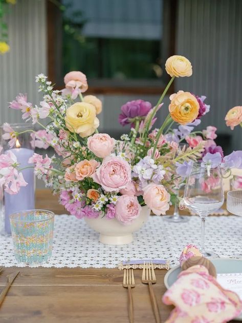 Pastel Wedding Flowers Centerpieces, Whimsical Centerpieces, Pastel Wedding Centerpieces, Baby Blue Wedding Theme, Sisterhood Round, Floating Candle Centerpieces Wedding, Pastel Wedding Theme, Round Wedding Tables, Dripping Springs Texas