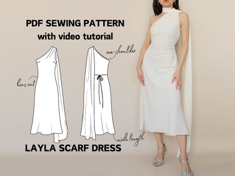 Dress Pattern One Shoulder, Scarf Dress Pattern, One Shoulder Dress Sewing Pattern, One Shoulder Dress Pattern, Statement Scarf, Belle Silhouette, Bias Cut Dress, Cut Dress, Scarf Dress