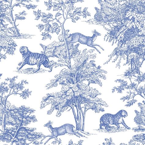 California Wallpaper, Blue And White Wallpaper, Washable Wallpaper, White Background Wallpaper, Safari Wallpaper, Toile Pattern, Blue Toile, Blue Tigers, Wall Decor Design