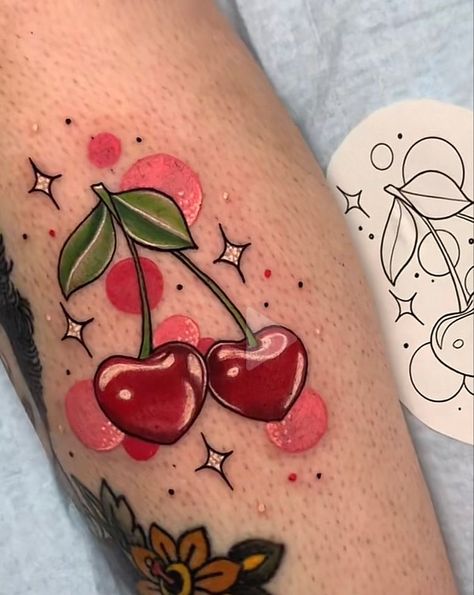 Cute Colored Tattoos, Traditional Cherry Tattoo, Colorful Tattoo Ideas, Coloured Tattoos, Fruit Tattoos, Chung Li, Aesthetic Tattoo Ideas, Cherry Tattoo, 15 Aesthetic