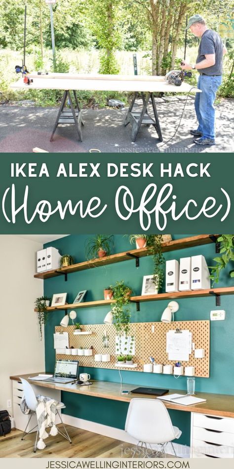 Long Shared Office Desk, Ikea Homeschool Room Desks, Home Office Shared Desk, Diy Double Desk Home Office, Long Desk Diy, Desk Along Wall, Adult Classroom Decor, Long Wood Desk, Desk For Kids Room