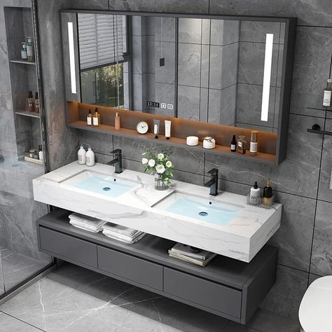 Light Luxury Rock Panel Intelligent Solid Wood Bathroom Cabinet Combination Washbasin Sink Double Basin Bathroom Cabinet Home - AliExpress Luxurious Vanity, Slate Bathroom, Wood Bathroom Cabinet, Villa Bathroom, Wood Bathroom Cabinets, Rock Panel, House Front Door Design, Bathrooms Design, Basin Bathroom