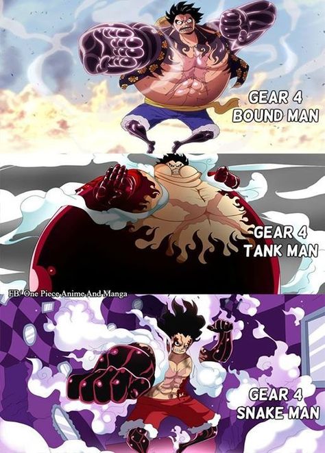 Hey y'all One piece fans out there! Today I'm going to write about all of Luffy's transformations.Note that this post only includes the forms that Luffy has taken in the anime by the time I'm writing this post, but I'll try my best to update this post whenever they... Gear 4 Tank Man, Luffy Gear 3, Luffy Gear Fourth, Luffy Gear 4, One Piece Merchandise, Gear 4, One Piece 1, One Piece Drawing, Manga Anime One Piece