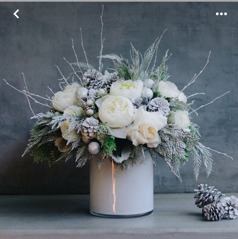 White Christmas Floral Centerpieces, Christmas Fake Flower Arrangements, Xmas Arrangements, Holiday Flower Arrangements, December Snow, Crepe Flowers, Winter Flower Arrangements, Christmas Planter, Christmas Composition