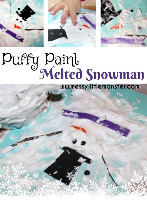 Puffy paint melted snowman craft for kids using a 2 ingredient puffy paint recipe. A simple Winter art activity for toddlers and preschoolers as well as older kids. Diy Schneemann, Winter Crafts Preschool, Snowmen Activities, Preschool Art Projects, Melted Snowman, Snowman Craft, Art Activities For Toddlers, Mouse Crafts, Winter Activities For Kids