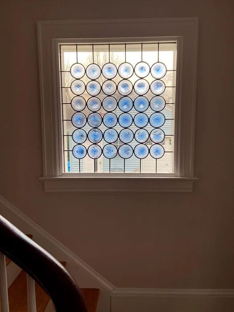 The Classic Rondel Stained Glass Installed On The Living Room - StainedGlassWindows.com Quarter Round Molding, Glass Installation, Interior Windows, Stained Glass Panel, Glass Replacement, Window Frame, Safety Glass, Glass Plates, Stained Glass Windows