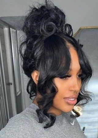 Messy Pin Up Hairstyles For Black Women, Bridesmaid Hairstyles Updo Black Women, Bun With Curls Hanging Down, Loose Curls Updo, Senior Brunch, Black Women Updo Hairstyles, 34 Birthday, Tail Hairstyles, Snazzy Outfits