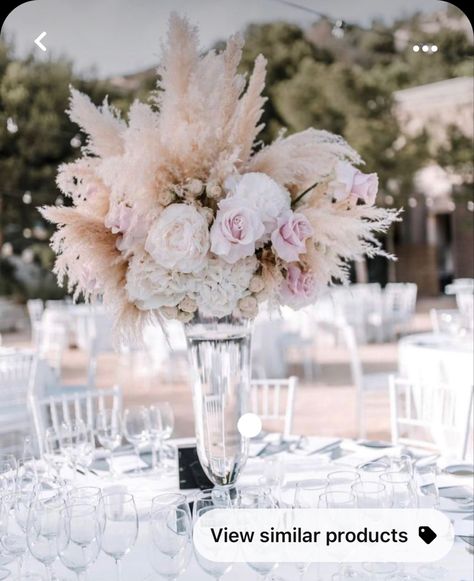 Pampas Grass Wedding Arrangements, Cheesecloth Table Runner Wedding Round Tables, Rose And Pampas Centerpiece, Wedding Table Display, Tall Floral Arrangements, Blush Bridal Showers, Beach Wedding Centerpieces, Wedding Reception Design, Blush Wedding Flowers