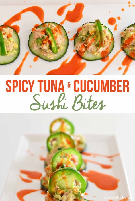 Sushi Bites, Cucumber Tuna, Tuna Bites, Tuna Appetizer, Tuna Cucumber, Cucumber Snacks, Healthy Sushi, Spicy Cucumber, Cucumber Sushi