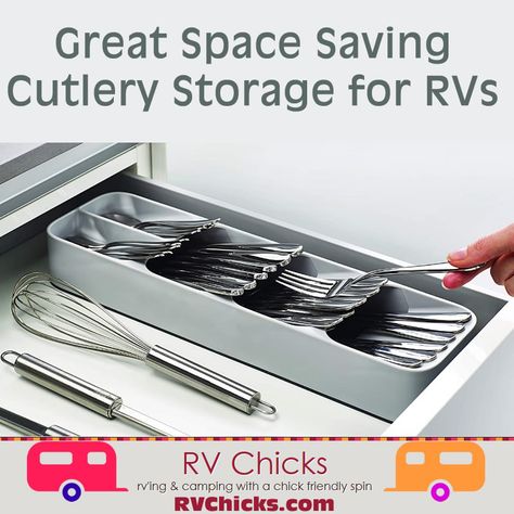 Save a ton of space using this new style cutlery storage rather than the traditional one that takes up a ton of space. My RV kitchen space is at a premium, and this frees up a ton of space. Rv Silverware Storage, Small Apartment Storage, Silverware Storage, A Lot Of Food, Silverware Organization, Apartment Storage, Disposable Cutlery, Rv Kitchen, Dish Storage