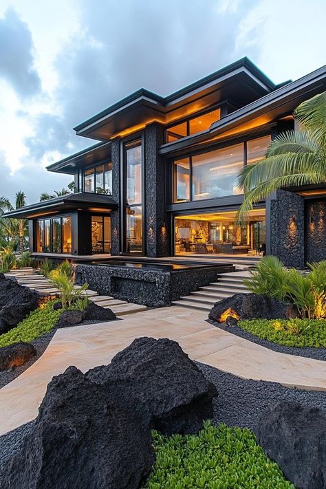 Modern luxury home with large windows and tropical landscaping. Peek into the extravagant realm of luxury homes with insights on posh designs, exclusive features, and a sprinkle of real estate magic. Luxury Island Homes, Luxury 1 Story Homes, Hawaiian Mansion, Home With Large Windows, Tropical Mansion, Modern Luxury Home, Classic Facade, Bungalow Ideas, Tropical Luxury