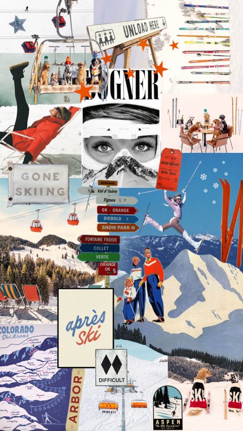 #ski #apresski #apres #snow #vintage #retro #skiresort #winter #collageart #wallpaper Vintage Skiing Aesthetic, Ski Magazine, Shot Ski, Skiing Aesthetic, Ski Aesthetic, Apres Ski Party, Ski Cabin, Ski Bums, Ski Art