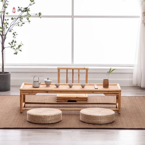 Modern Rattan Bamboo Chair Japanese Style Tatami Zaisu Living Room Furniture Bamboo Legless Floor Chair Rattan Hand Crafted _ - AliExpress Mobile Japanese Tea Table, Small Tea Table, Window Table, Minimal Living Room, Minimalist Coffee Table, Bamboo Chair, Chinese Furniture, Bamboo Furniture, Small Coffee Table