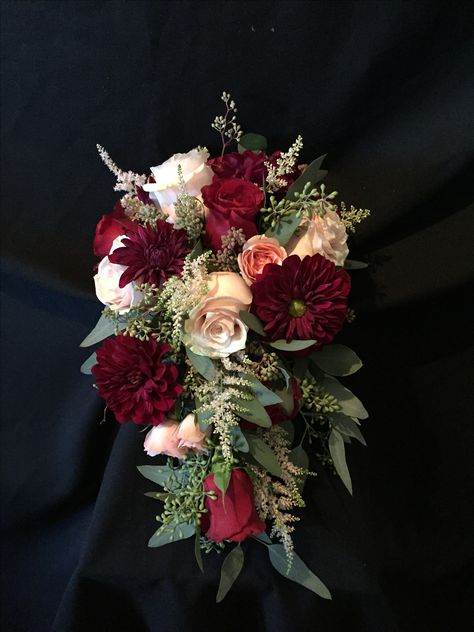 cascade, burgundy, dahlias, black magic roses, blush roses, astilbe Burgundy And Black Wedding, Black Wedding Bouquet, Black Magic Roses, Purple Black Wedding, Dahlia Wedding Bouquets, Black Wedding Flowers, Gothic Wedding Theme, Anemone Wedding, Silk Flower Bridal Bouquet