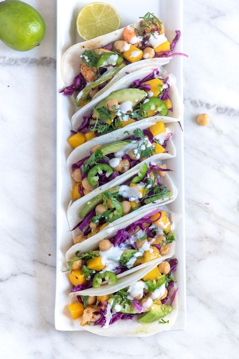 Jicama Tacos, Jicama Recipe, Corn Tacos, Chickpea Fries, Pickled Red Cabbage, Delicious Tacos, White Corn, Shrimp Cocktail, Shrimp Tacos