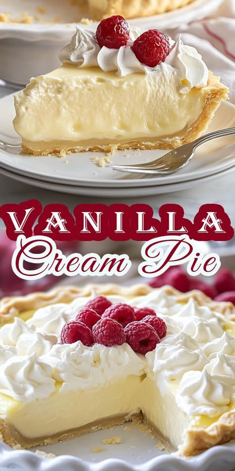 Indulge in the classic sweetness of a Vanilla Cream Pie! 🥧✨ Silky, creamy, and perfectly balanced, this pie is a showstopper for any occasion. Try this foolproof recipe today! 🍦💖 #VanillaCreamPie #DessertRecipes #BakingInspiration Vanilla Cream Pie Filling, Pies With Vanilla Pudding, Vanilla Pie Filling Homemade, Light Pie Recipes, Fruit And Cream Pie, Texas Cream Pie, Amish Custard Pie Recipe, Old Fashion Cream Pie, Pies Made With Cool Whip