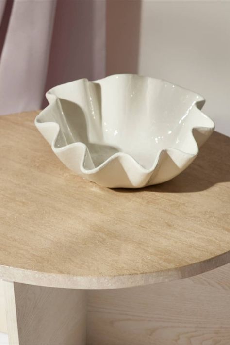 patrick day home gallery, home decor, home accessories, white ruffle ceramic bowl, white ceramics, neutral home decor, neutral furniture, neutral home accessories, table decor, shelf decor Drape Bowls Ceramics, Light Wood Table, Ap Ceramics, Dinnerware Inspiration, Pottery Inspo, Round Light, Home Gallery, Pottery Crafts, Ceramics Projects