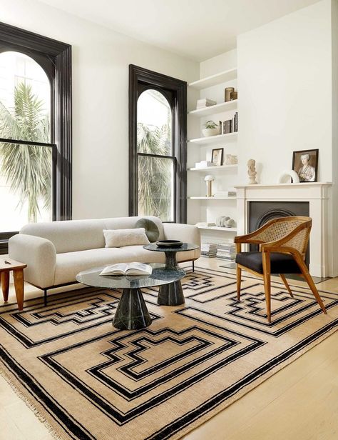 Senna Black + Neutral Wool Geometric Area Rug Black Cane Living Room, Complimentary Color Living Room, One Accent Chair Living Room, Black And Wicker Living Room, Green Marble Coffee Table Living Room, Living Area Design Interiors, Art Over Sofa, Bright Lounge, Rounded Windows