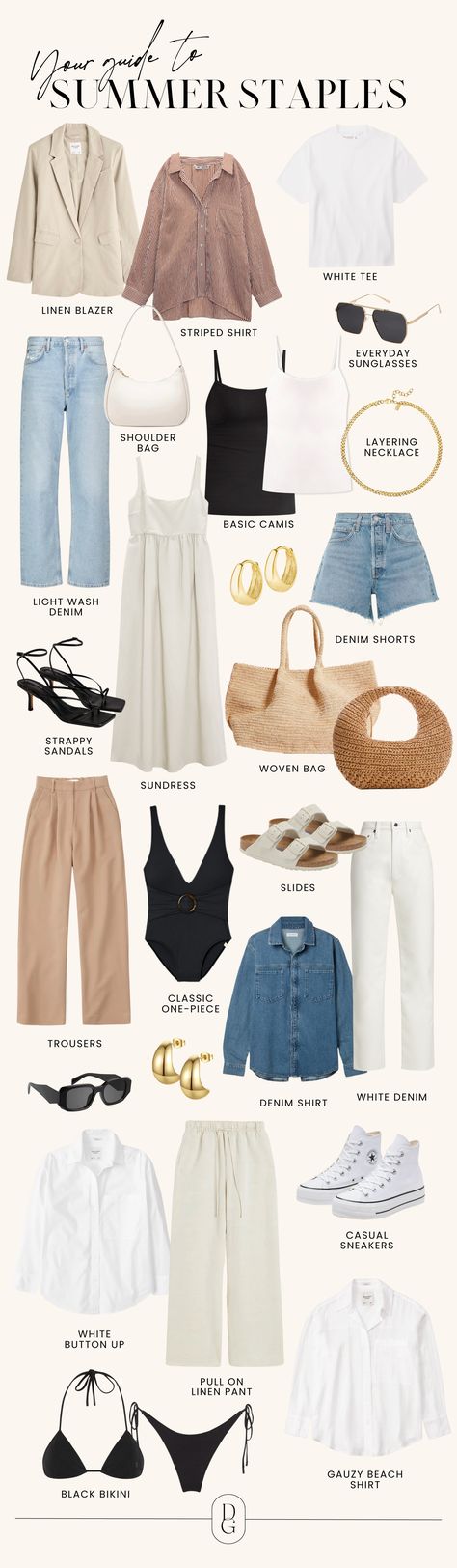 20+ Summer wardrobe essentials you need in your closet. These are the pieces I wear over and over again, and great foundations for building any Summer outfit. summer basics, summer staples, summer staple, summer essentials, summer fashion, wardrobe staples, closet staples, button ups, summer essential, summer wardrobe staples, summer bags, summer bag, summer sandals, summer sandal, summer shoes, heel sandals, summer accessories, summer denim, summer shorts, summer denim shorts, summer shirts Staple Wardrobe Pieces Summer, Summer Staples 2024, Basic Summer T-shirt For Everyday, Staple Closet Pieces, Europe Summer Capsule Wardrobe 2024, Capsule Work Wardrobe Summer 2024, Summer Sandals 2024, Capsule Wardrobe Summer 2023/2024, Europe Packing