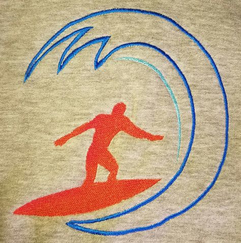 This embroidered surfer made my son's gray hoodie his new fave. Surfer Embroidery, Surf Embroidery, Reworked Clothes, Hoodie Ideas, Retro Surf, Cap Designs, Gray Hoodie, Half Square Triangles, Embroidery Sweatshirt