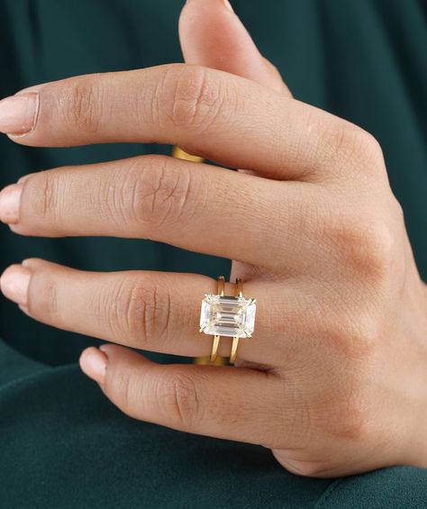 Emerald Cut Engagement Ring Set, Double Shank Engagement Ring, Simple Solitaire Engagement Ring, Rectangle Engagement Rings, Diamond Emerald Engagement Ring, Salt And Pepper Moissanite, Double Band Engagement Ring, Emerald Cut Solitaire Ring, Gold Band Engagement Rings