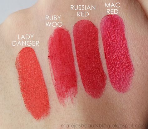 MAC Red Lipstick Swatches Red Lipstick Makeup Blonde, Red Lipstick Swatches, Paintbox Spring, Mac Red Lipstick, Mac Red Lipsticks, Mac Lipstick Swatches, Mac Cosmetic, Mac Ruby Woo, Foundation Swatches