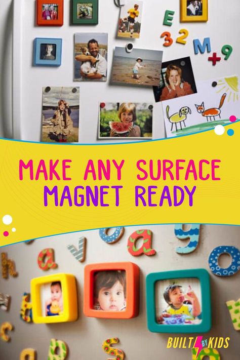 Is your child a bit obsessed with magnets? We totally get it! Here's how to make any surface in your house magnet-ready. Click to learn more. Diy Magnets Fridge, Kids Tools, Picture Magnets, Magnetic Paint, How To Make Something, Diy Magnets, Stainless Steel Fridge, Art Display Kids, Lace Painting